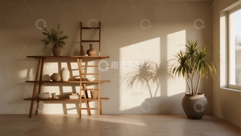 高清大图下载【趣麦麦图】阳光洒入简约木质置物架与绿植相伴的室内角落