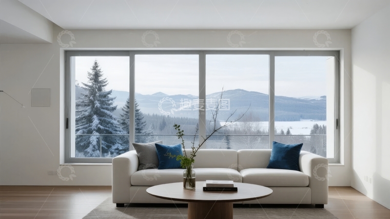 高清大图下载【趣麦麦图】现代客厅内望向雪景山脉的宽敞落地窗景观