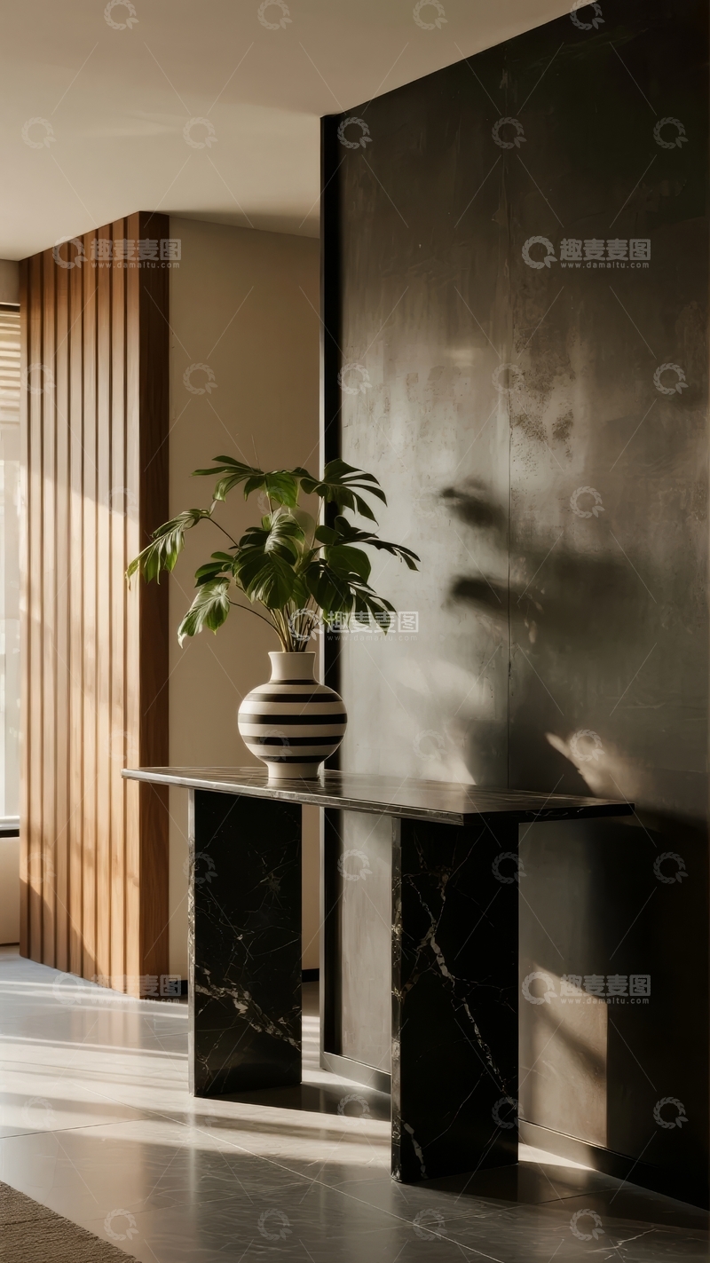 高清大图下载【趣麦麦图】现代简约风格室内角落摆放绿植与装饰花瓶