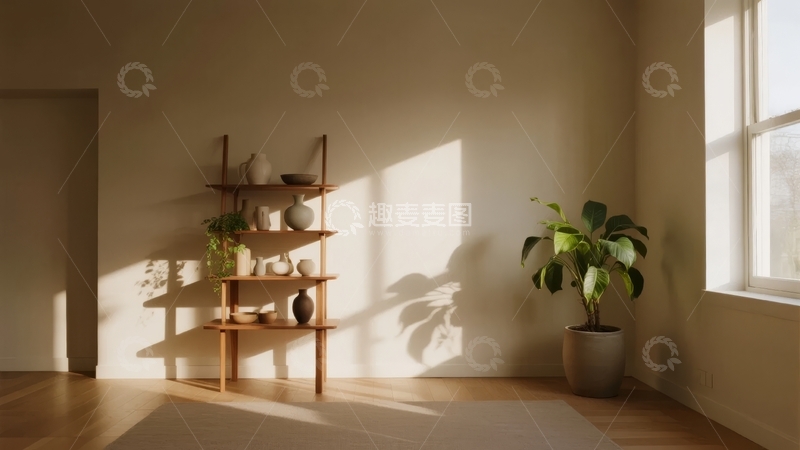 高清大图下载【趣麦麦图】阳光洒在简约室内角落的温馨场景