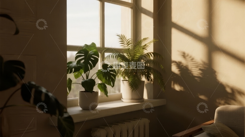 高清大图下载【趣麦麦图】窗台绿植在阳光下投射出斑驳的影子