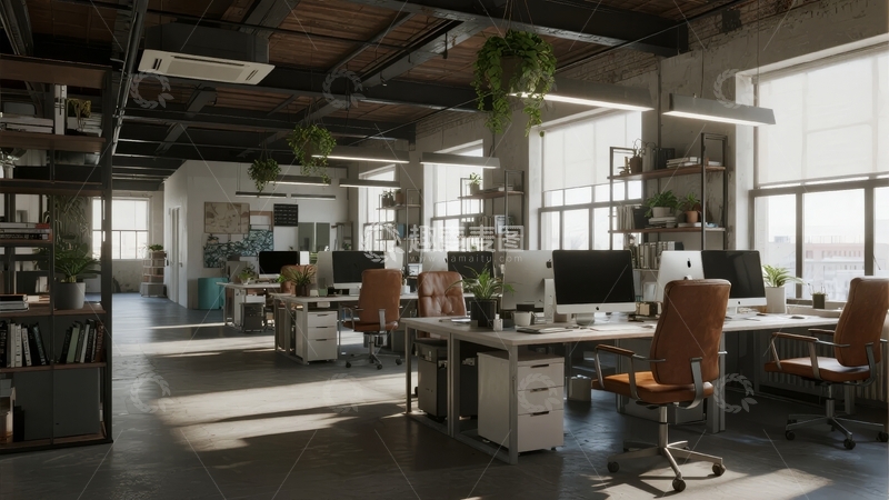 高清大图下载【趣麦麦图】现代开放式办公室内景办公桌椅与绿植装饰