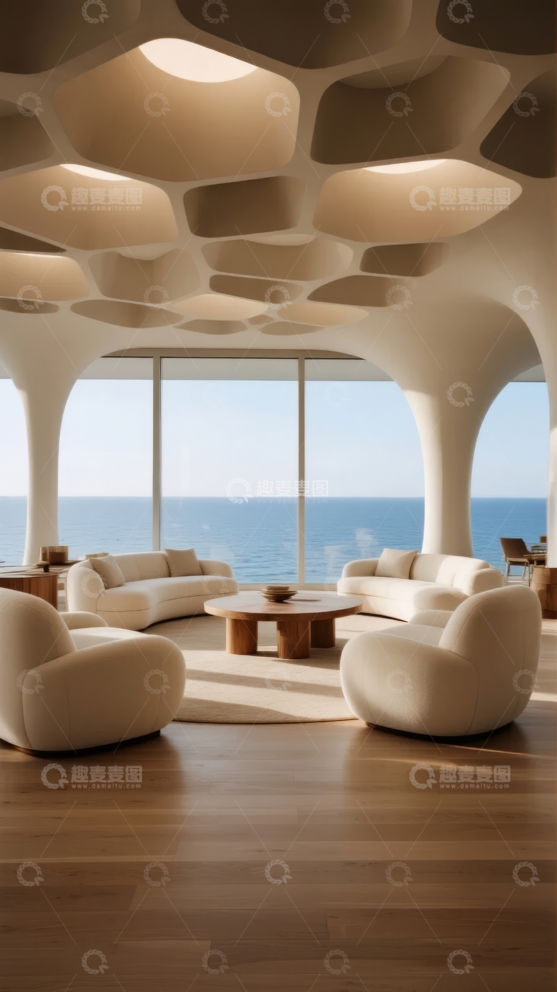 高清大图下载【趣麦麦图】现代室内设计拥有独特蜂窝状天花板和海景视野