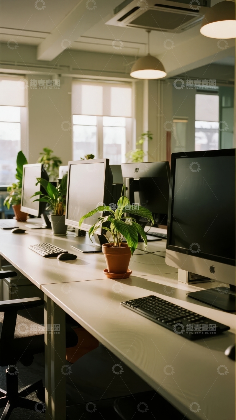高清大图下载【趣麦麦图】明亮办公室内摆放着电脑和绿植的整洁工作台