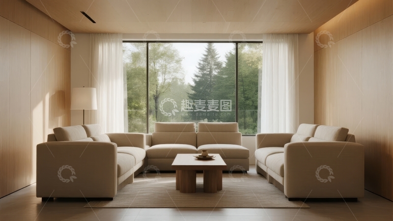 高清大图下载【趣麦麦图】现代简约客厅设计窗外绿树成荫