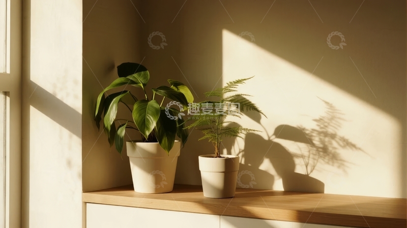 高清大图下载【趣麦麦图】阳光洒在窗边的两盆绿植上