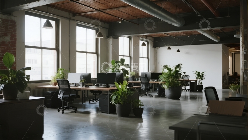高清大图下载【趣麦麦图】宽敞明亮的开放式办公室内景配有绿植和办公桌