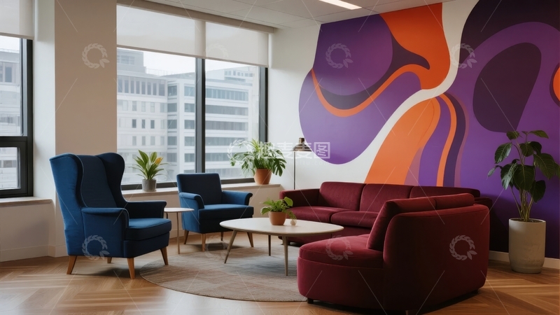 高清大图下载【趣麦麦图】现代办公室休息区配以紫色抽象壁画