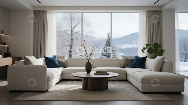 高清大图下载【趣麦麦图】现代客厅窗外雪山景色