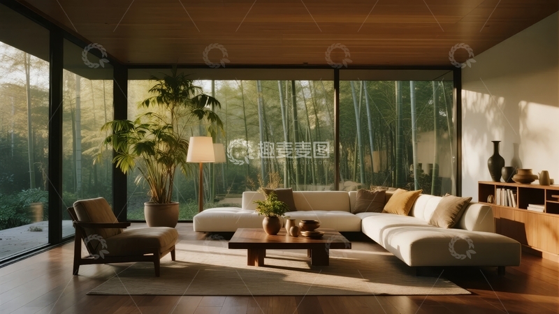高清大图下载【趣麦麦图】现代客厅与竹林景观的和谐室内设计