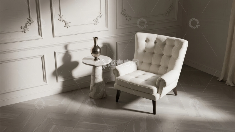 高清大图下载【趣麦麦图】古典风格室内一角摆放着白色扶手椅和装饰花瓶