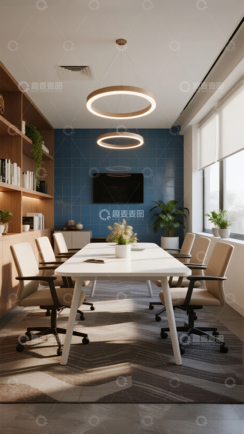 现代商务会议室配备长桌和蓝色背景墙
