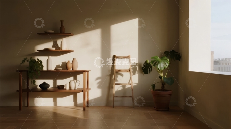 高清大图下载【趣麦麦图】阳光洒落的室内角落摆放着木质家具与绿植