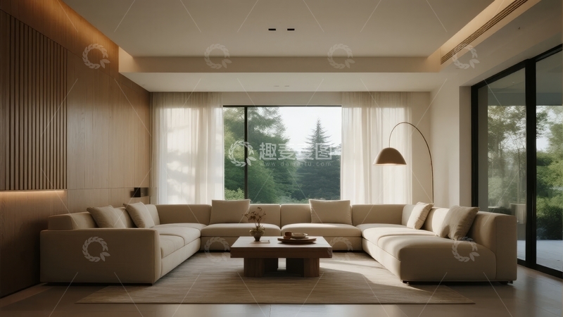 高清大图下载【趣麦麦图】现代简约风格客厅设计配有大面积落地窗和舒适沙发