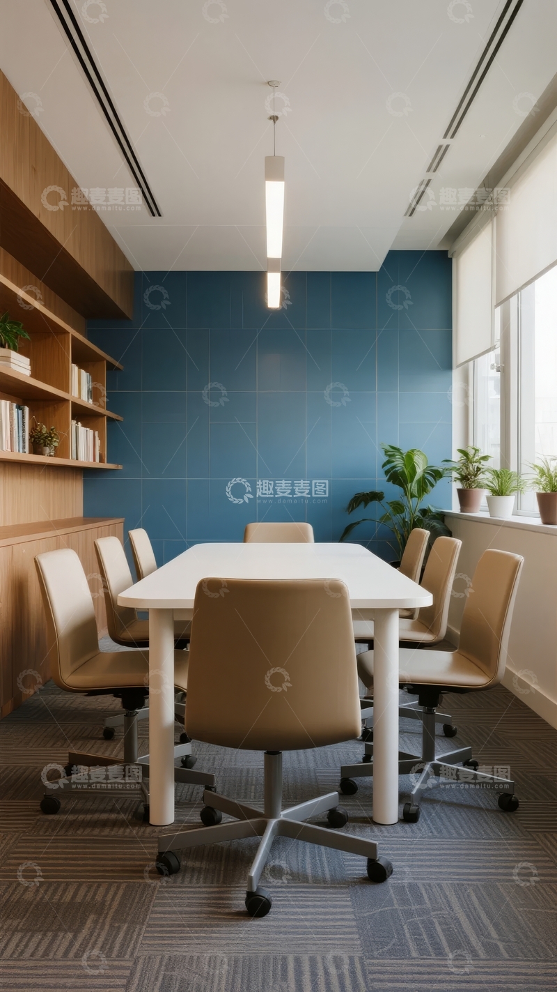 现代办公室会议室配备长桌和舒适座椅
