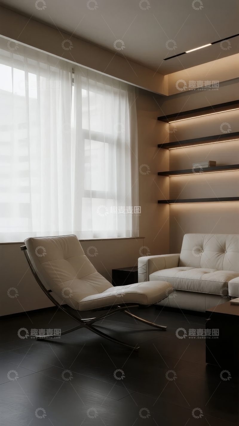高清大图下载【趣麦麦图】现代简约风格客厅内白色沙发与单人椅