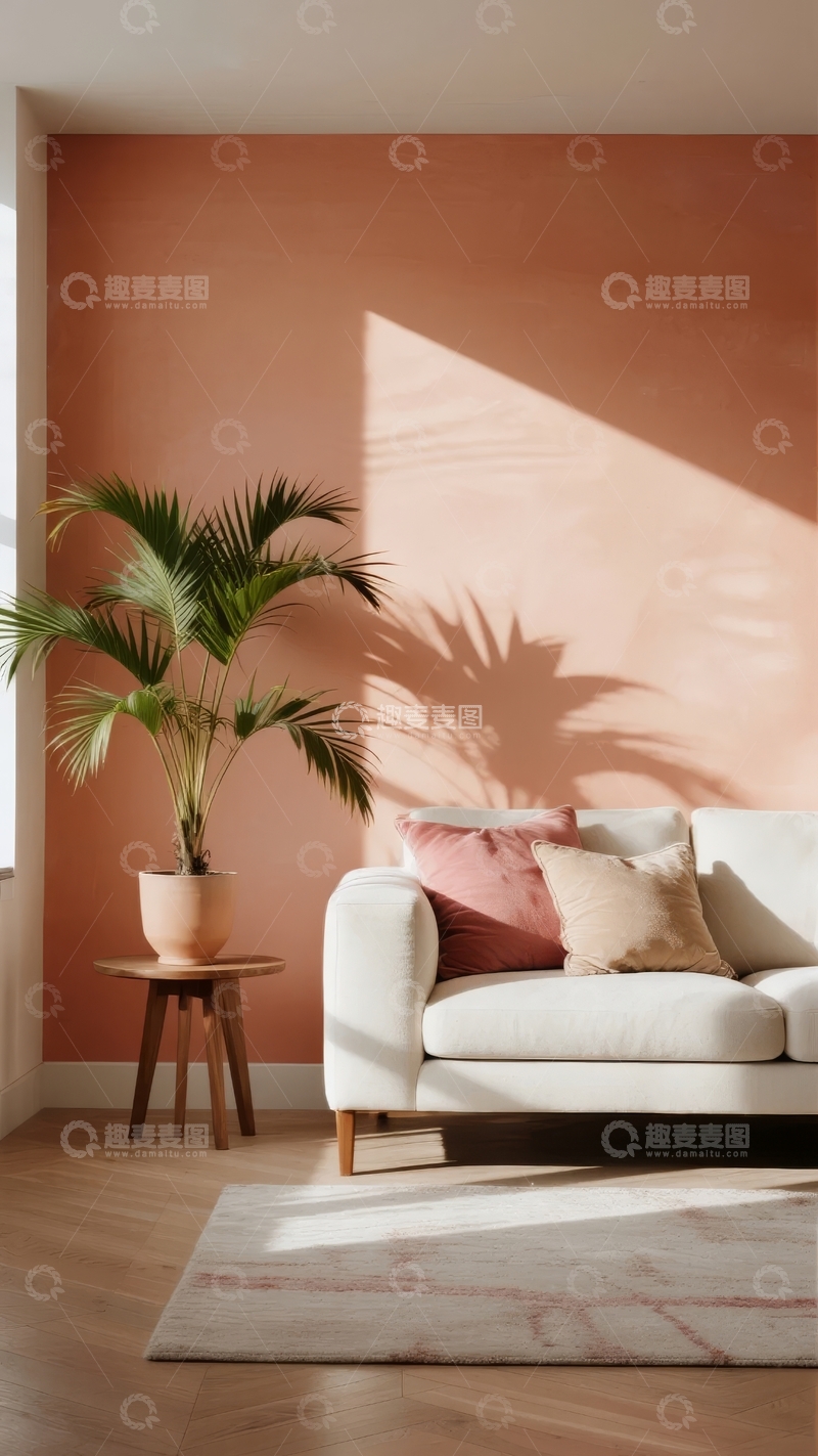 高清大图下载【趣麦麦图】粉色墙面客厅摆放白色沙发与绿植