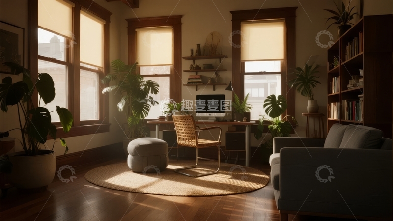 高清大图下载【趣麦麦图】阳光洒满的温馨书房角落