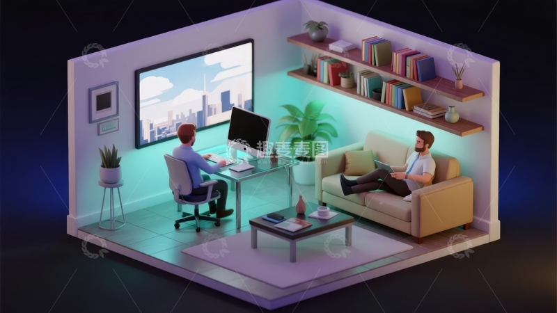 高清大图下载【趣麦麦图】室内场景中两人分别在电脑前工作和沙发上休息