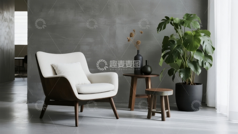 高清大图下载【趣麦麦图】现代简约风格客厅一角摆放着白色扶手椅和大型绿植