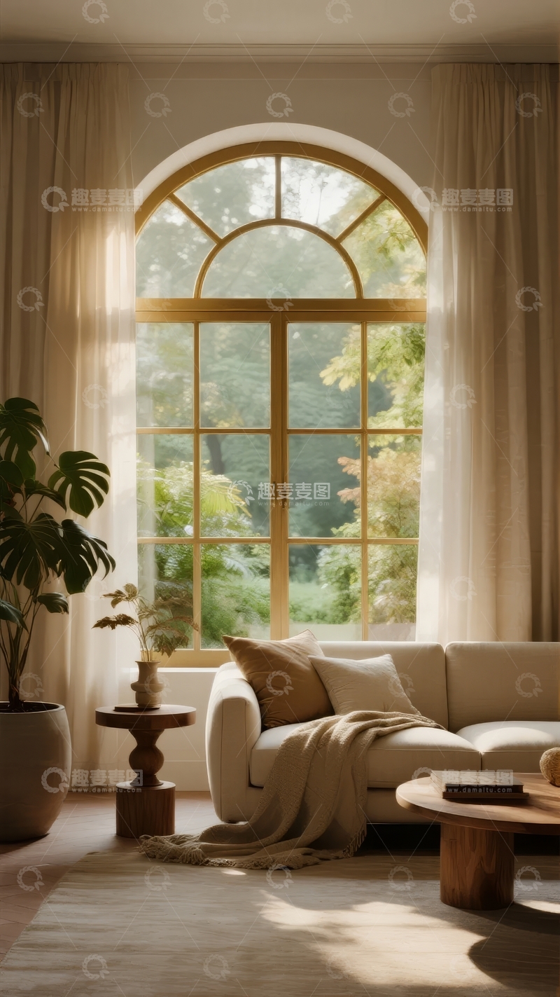 高清大图下载【趣麦麦图】温馨室内一角拱形窗户透进自然光绿树成荫