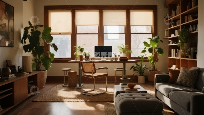 高清大图下载【趣麦麦图】明亮客厅内摆放着沙发、书架和多盆绿植