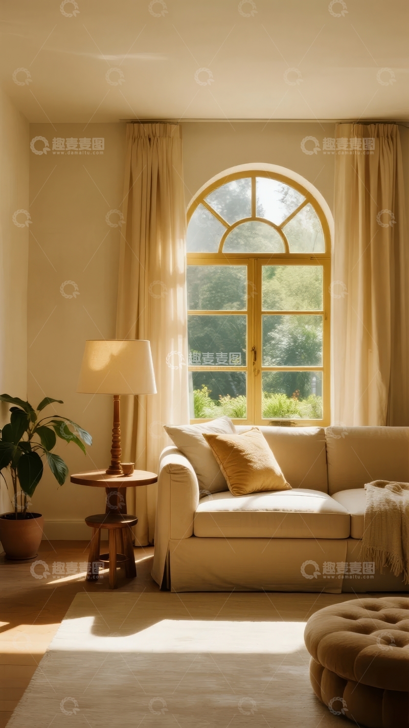 高清大图下载【趣麦麦图】温馨客厅一角阳光透过拱形窗户洒在米色沙发上