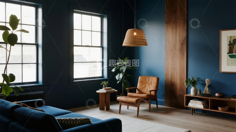 高清大图下载【趣麦麦图】深蓝色墙面的现代客厅搭配木质元素和绿植
