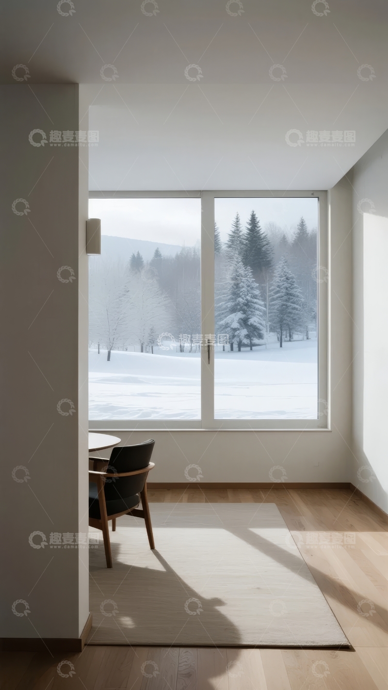 高清大图下载【趣麦麦图】室内视角下的雪景森林与简洁窗景