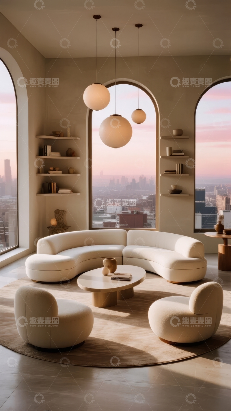 高清大图下载【趣麦麦图】现代客厅设计拥有弧形沙发和拱形窗户