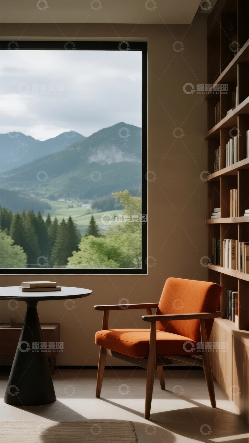 高清大图下载【趣麦麦图】室内角落望向山景的舒适阅读空间