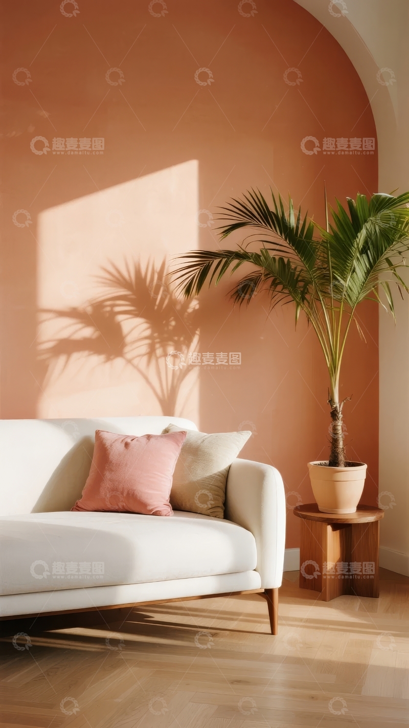 高清大图下载【趣麦麦图】柔和橙色墙面与绿植点缀的温馨室内角落