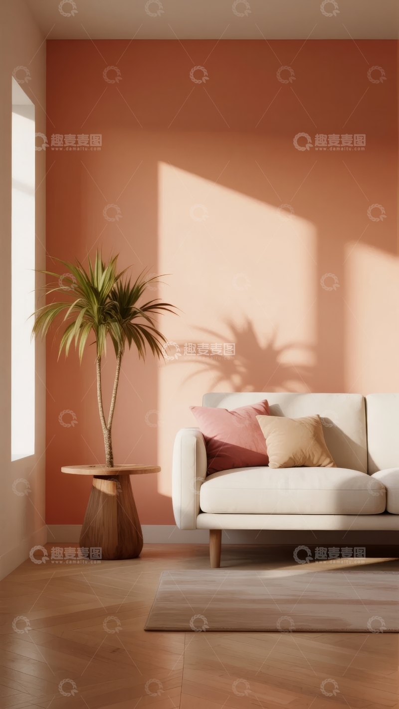 高清大图下载【趣麦麦图】柔和粉墙前的简约客厅阳光洒落