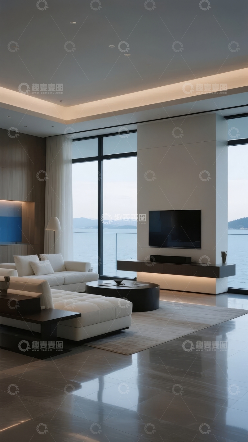 高清大图下载【趣麦麦图】现代简约客厅设计拥有宽敞落地窗和海景视野