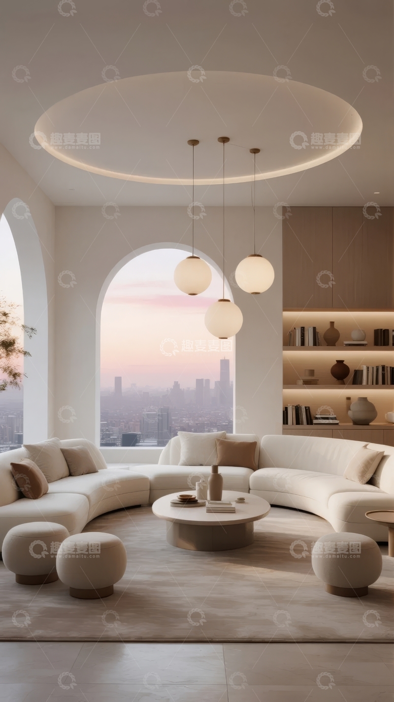高清大图下载【趣麦麦图】现代简约风格客厅设计配有圆形吊灯和弧形窗户