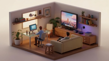 微型客厅场景中两人分别使用电脑和观看电视