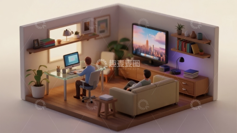 高清大图下载【趣麦麦图】微型客厅场景中两人分别使用电脑和观看电视