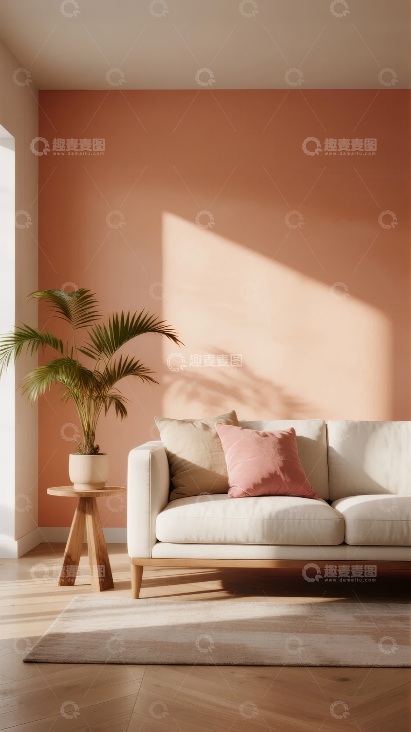 高清大图下载【趣麦麦图】温馨客厅一角阳光洒在粉色沙发与绿植上