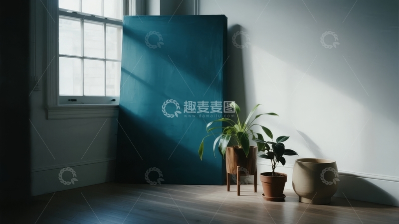 高清大图下载【趣麦麦图】阳光洒在窗边的蓝色画布与绿植上