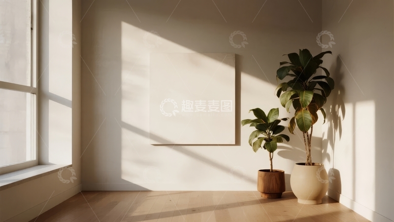 高清大图下载【趣麦麦图】阳光洒在简约室内角落的绿植与画框上