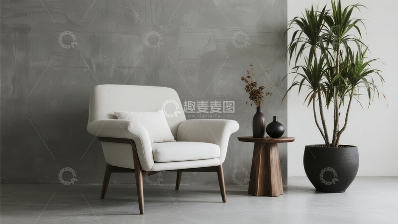 高清大图下载【趣麦麦图】简约现代风格客厅中的白色扶手椅与绿植装饰