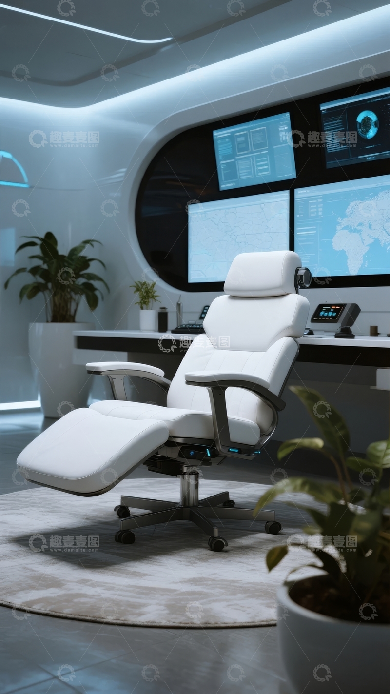 高清大图下载【趣麦麦图】未来科技风格办公室配备白色人体工学椅和多屏显示系统