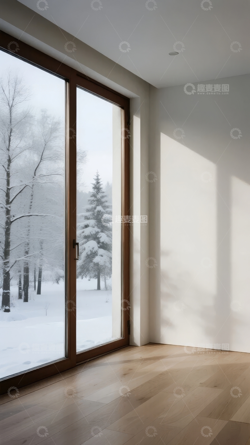 高清大图下载【趣麦麦图】室内视角窗外雪景树木与光影