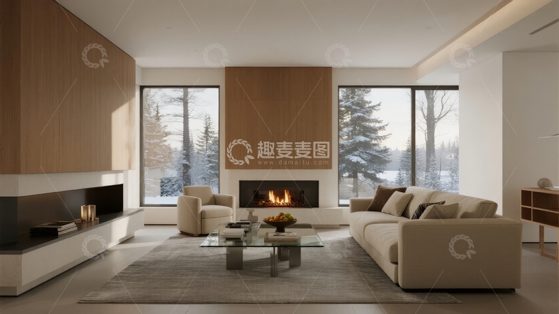 高清大图下载【趣麦麦图】现代简约客厅设计窗外雪景环绕