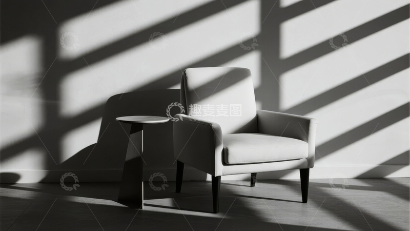 高清大图下载【趣麦麦图】黑白光影下的简约扶手椅与小圆桌