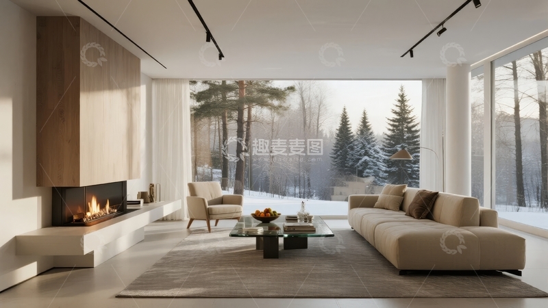 高清大图下载【趣麦麦图】现代客厅窗外雪景室内温暖舒适