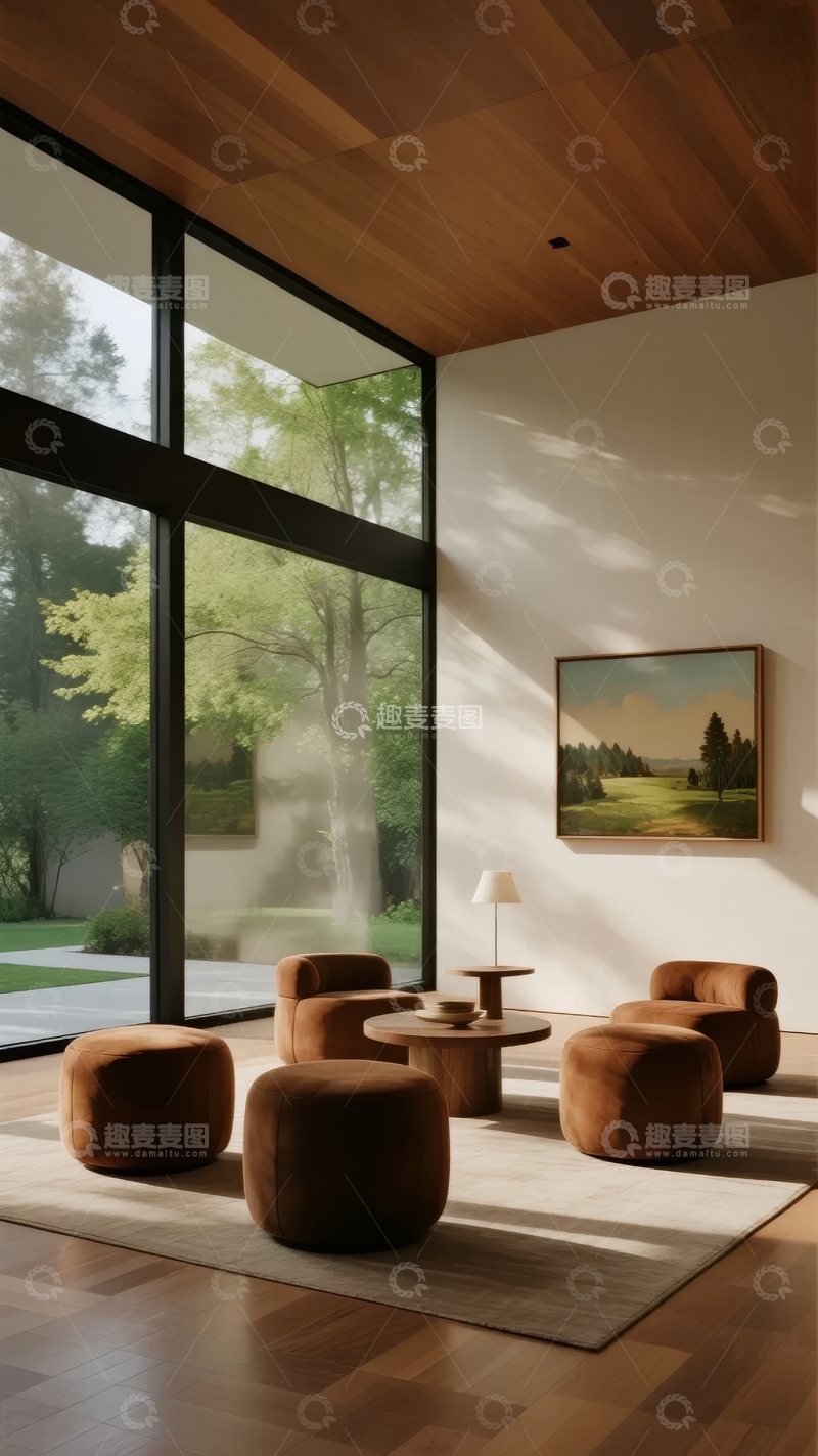 高清大图下载【趣麦麦图】现代简约客厅大面积落地窗与木质天花板设计