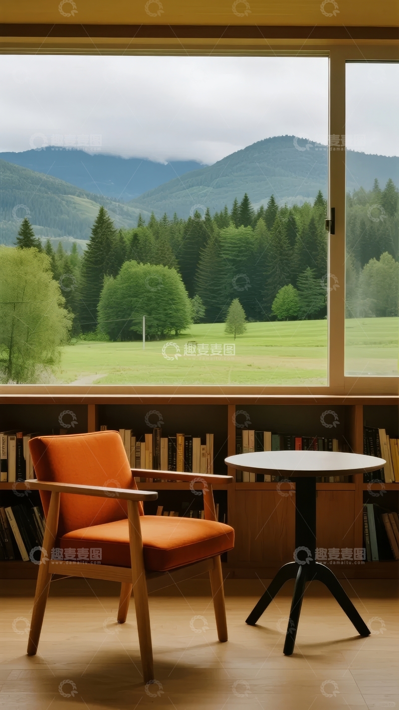 高清大图下载【趣麦麦图】室内橙色椅子与窗外山林景观的宁静角落
