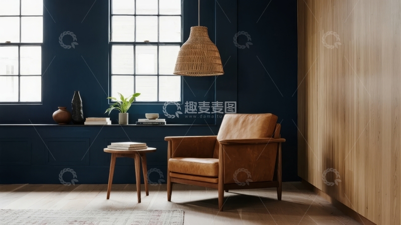 高清大图下载【趣麦麦图】深蓝色墙面搭配木质家具的简约室内角落
