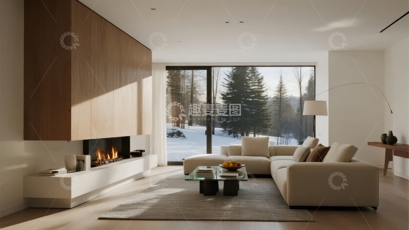 高清大图下载【趣麦麦图】现代客厅内壁炉旁沙发与落地窗景观